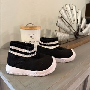 Kids Black Knit Slip-On Sneakers with White Stripes
